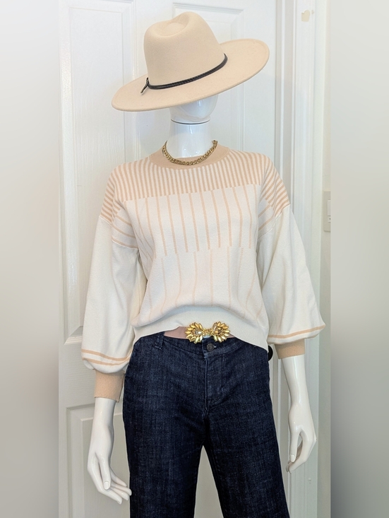 Source Unknown Sweaters - Cream & Tan Striped Crewneck Sweater Loose Relaxed Fit Small